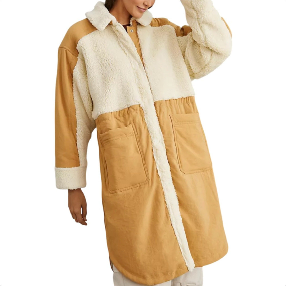 Daily Practice Anthropologie Tan Cream Diamond Sherpa Fleece Long Jacket XXS
